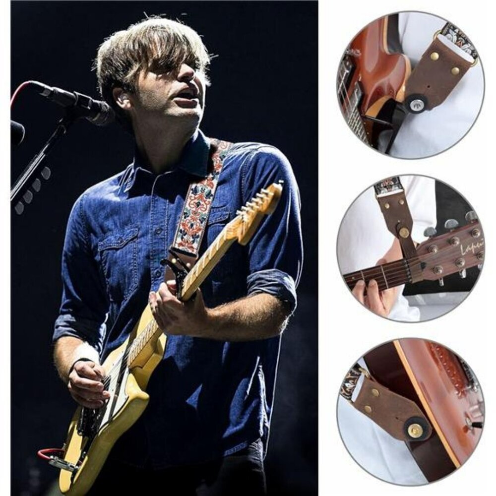 Jacquard embroidery guitar strap with leather ends adjustable for acoustic elect - Picture 4 of 7